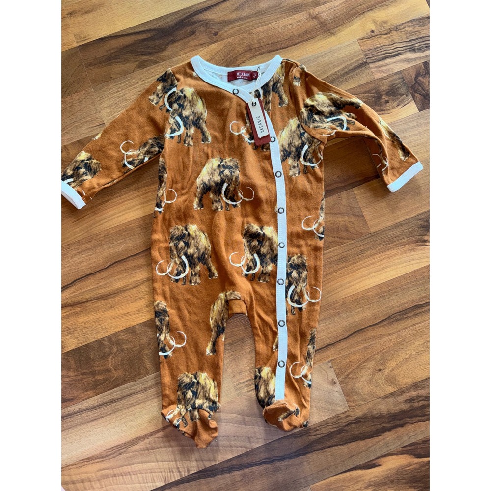 Milkbarn Footed Romper Kids 0-3M‎ Brown NEW Organic Cotton Woolly Mammoth Print